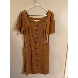 LOFT Button Front Square Neck Short Sleeve Midi Dress Brown Size 4
